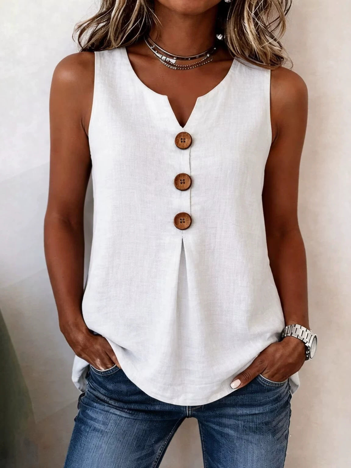Classic Women's Cotton Linen Button Sleeveless Women's T-shirt