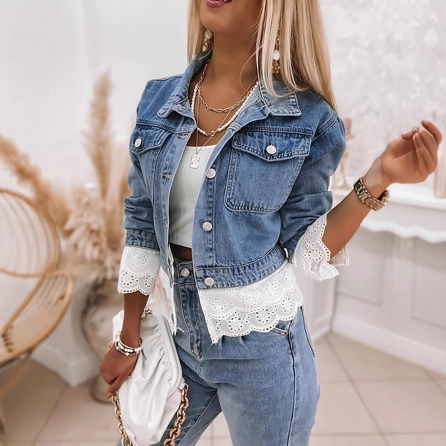 Women's Lace Stitching Fashion Denim Long Sleeve Coats