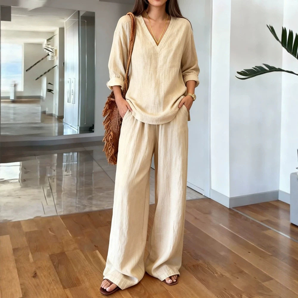 Women's Pullover Long Sleeve Washed Cotton Summer Fashion Casual Suit