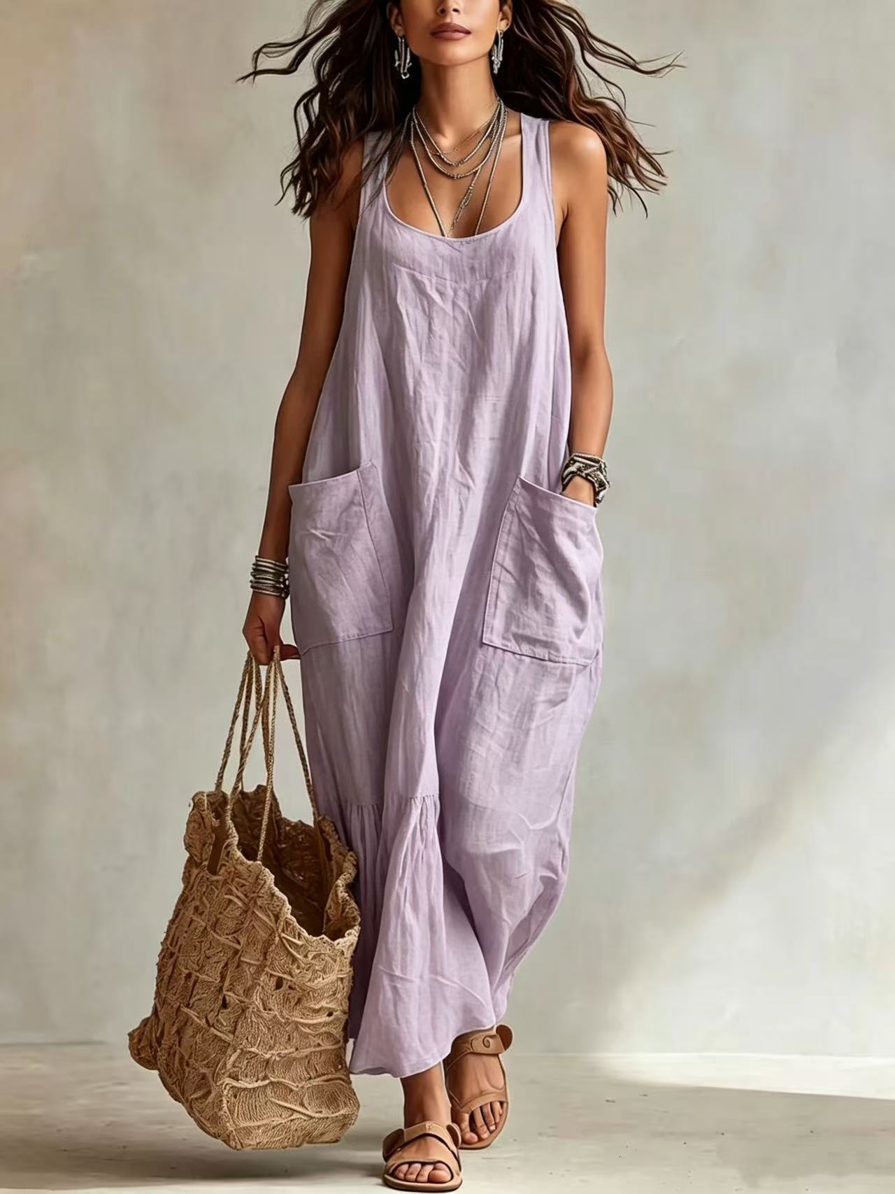 Summer Cotton Linen Temperament Leisure Pocket Dress