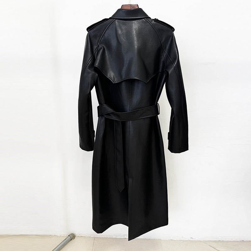 Fashionable Double-breasted Belt Mid-length Leather Wind Coats