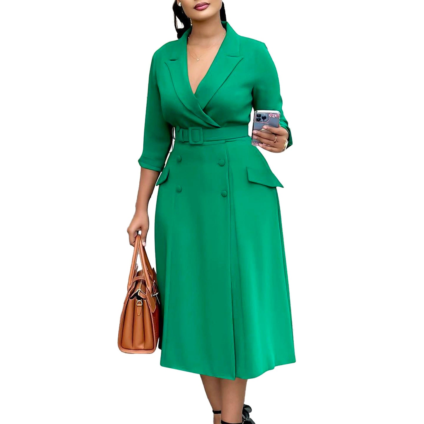 Women's Fashion Elegant Double-breasted Collar Solid Color Dress