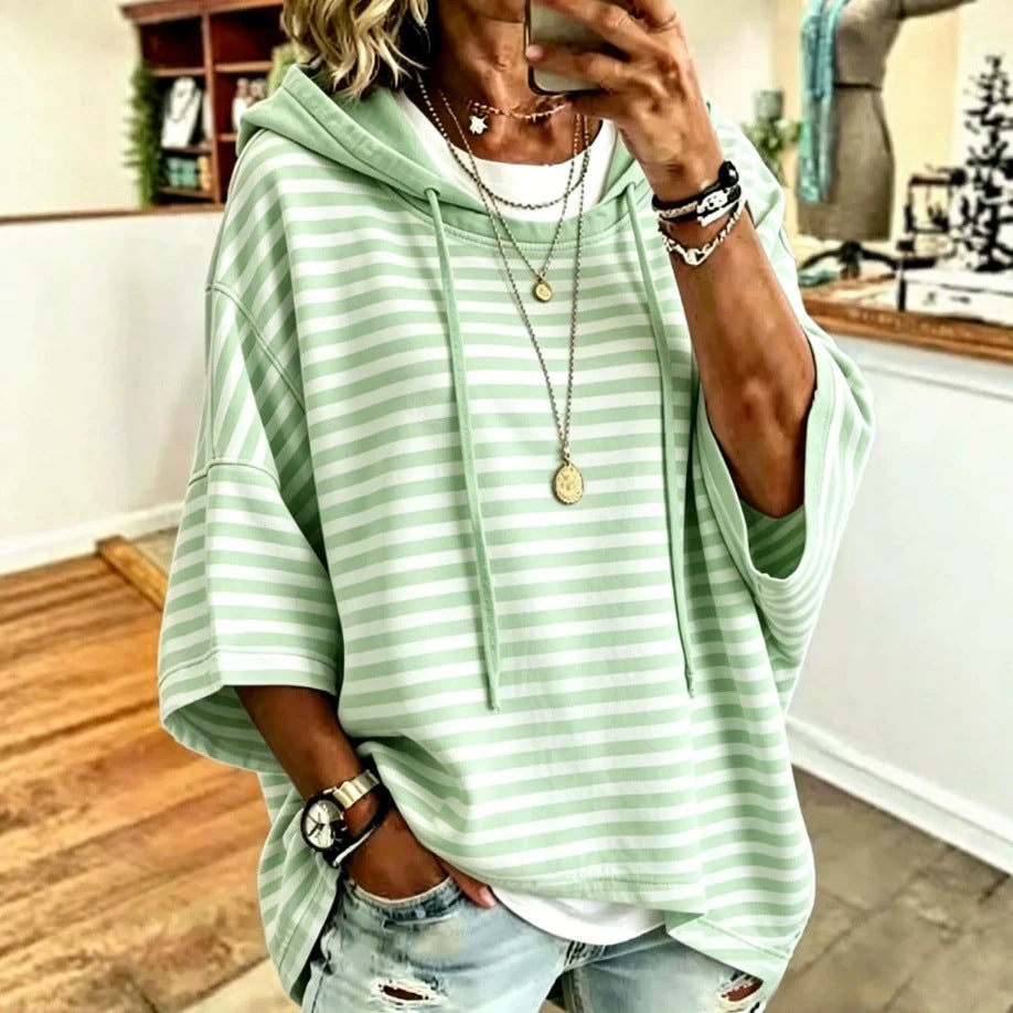 Women's Loose Casual Striped Hooded Sleeve Sweatshirt Women's Sweater, Sweater
