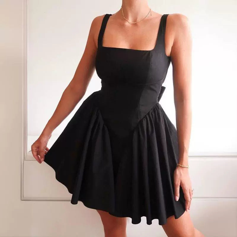 Women's Solid Color Backless Lace Up Bow Dress