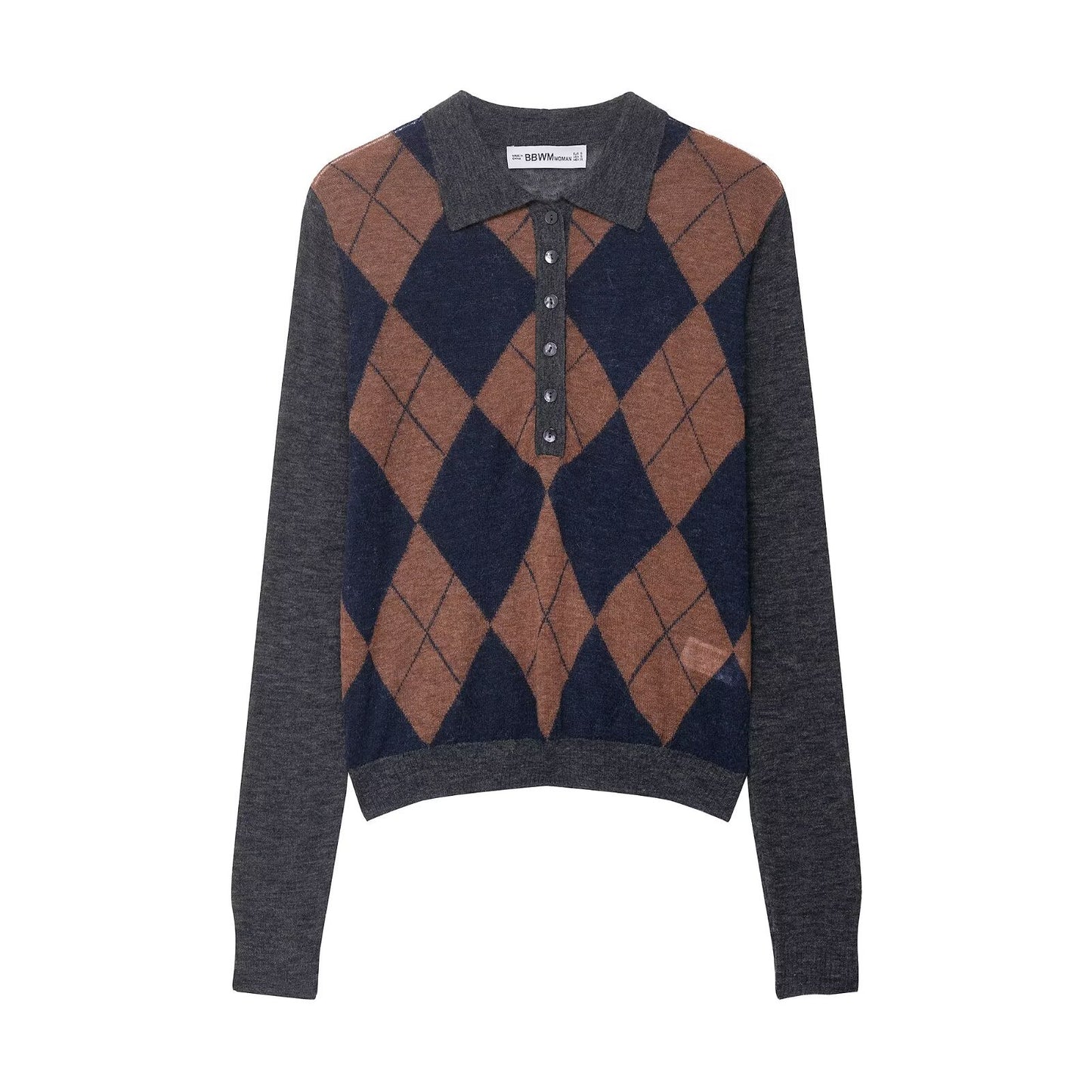 Women's Autumn Lapel Contrast Color Diamond Plaid Knitwear