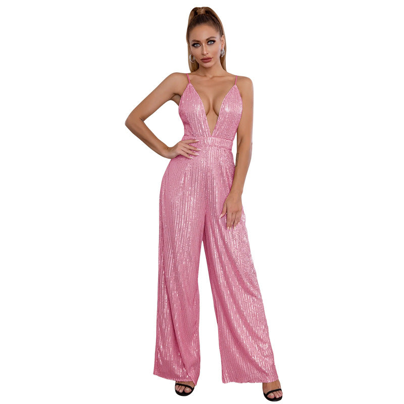 Women's Sequined Sleeveless Hot Deep Backless Sling Jumpsuits