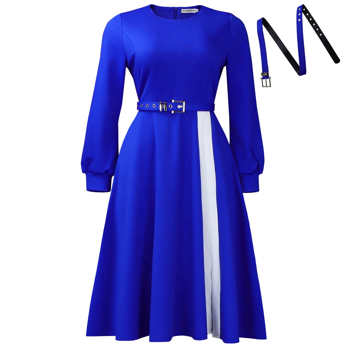 Women's Long Sleeve Round Neck Solid Color High Waist Dress