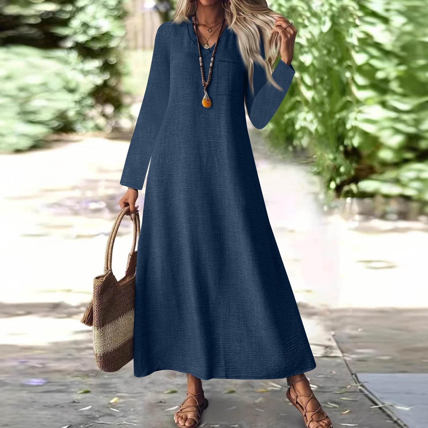 Summer Back Zipper Cotton Linen Solid Color Dress