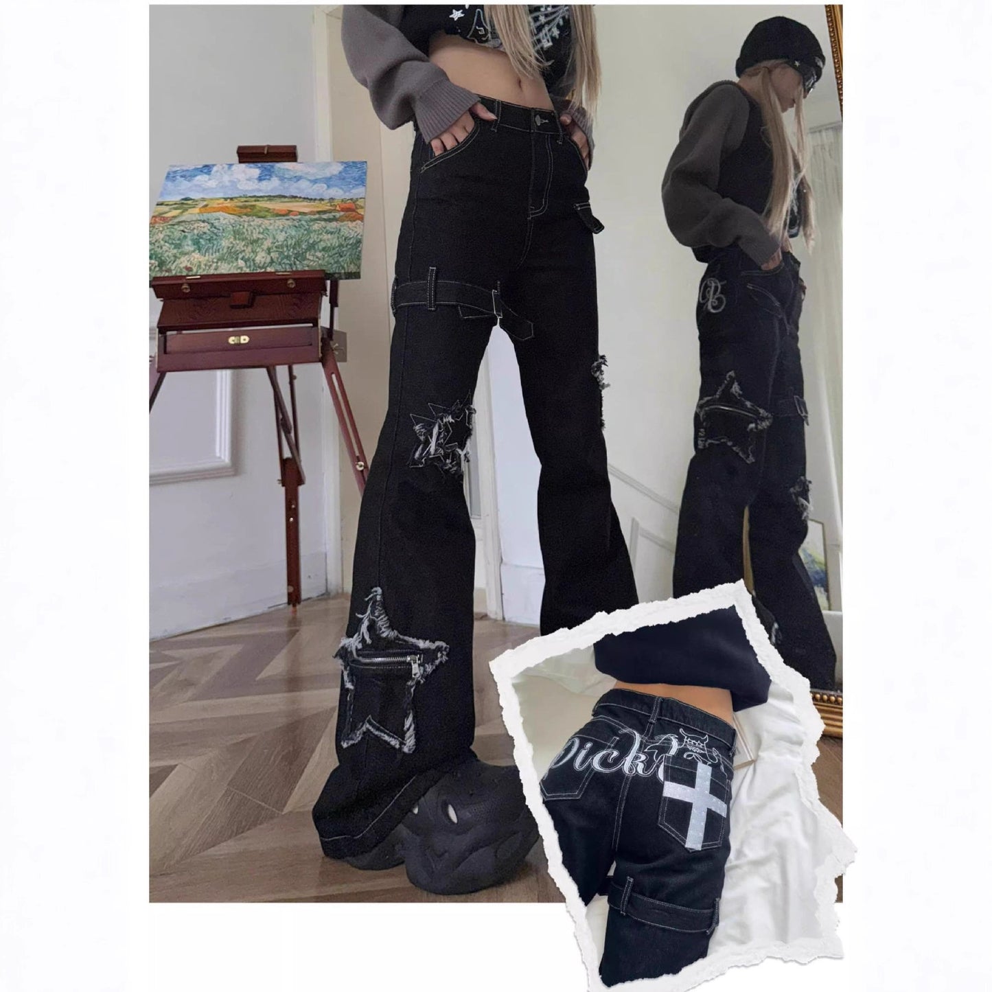 Women's Patch Slightly Flared Subculture High Waist Slim Fit Jeans