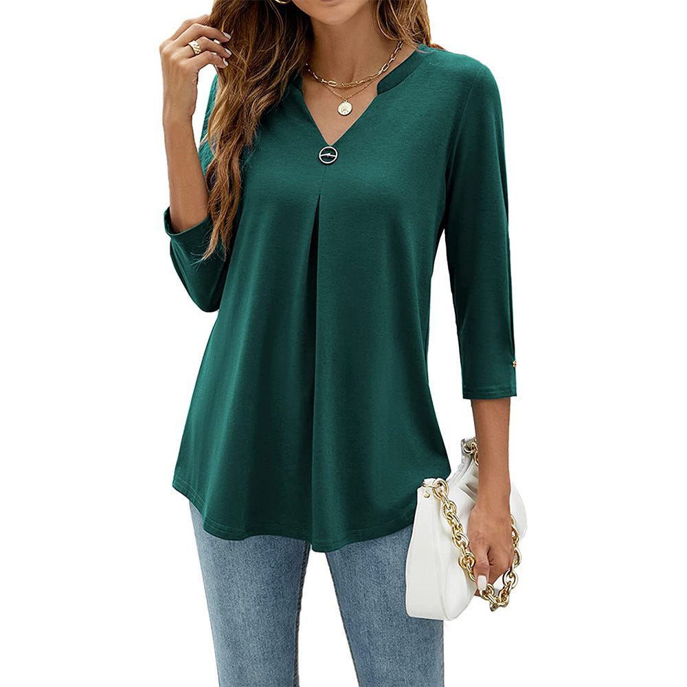 Women's Three-quarter Sleeve Solid Color Clinch Pleated Women's T-shirt