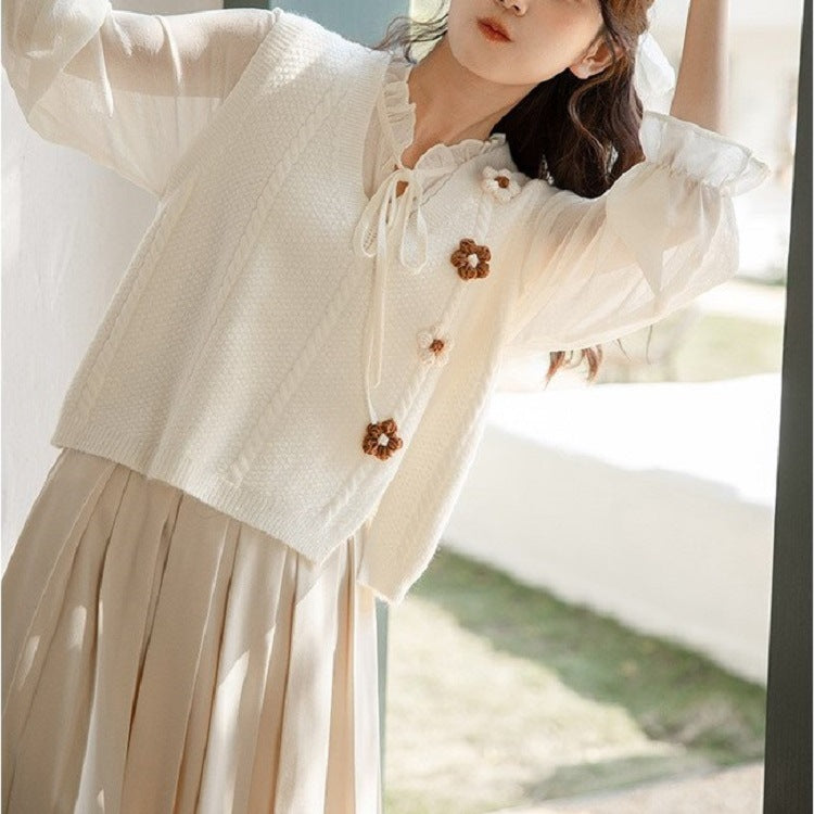 Artistic Retro Split Solid Color Three-dimensional Flower Loose Outer Women's Vest