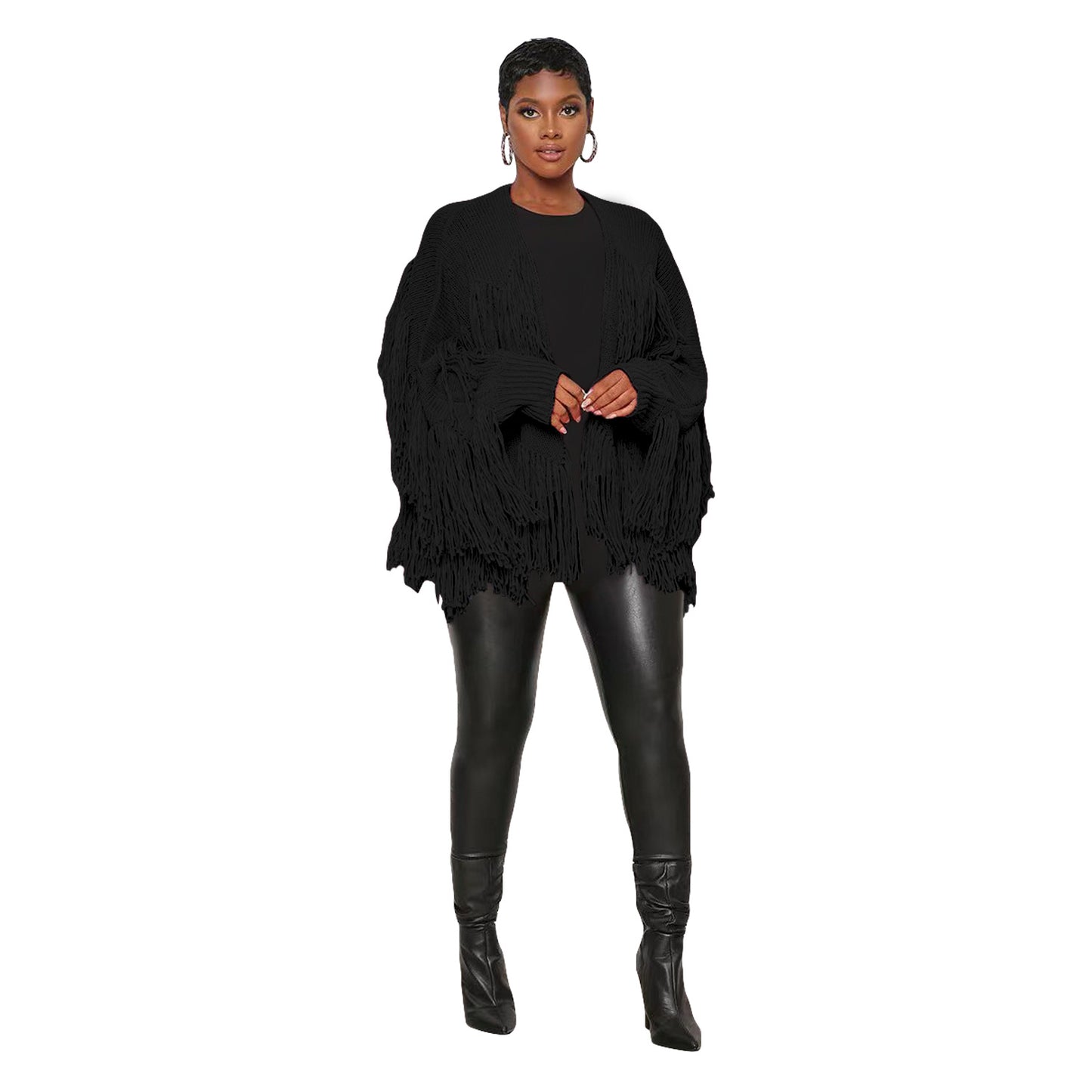 Women's Classy Solid Color Knitted Tassel Coats