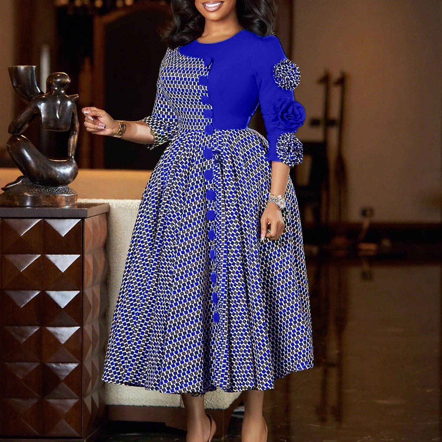 Women's Fashion Elegant Round Neck Sleeves Printed Dresses