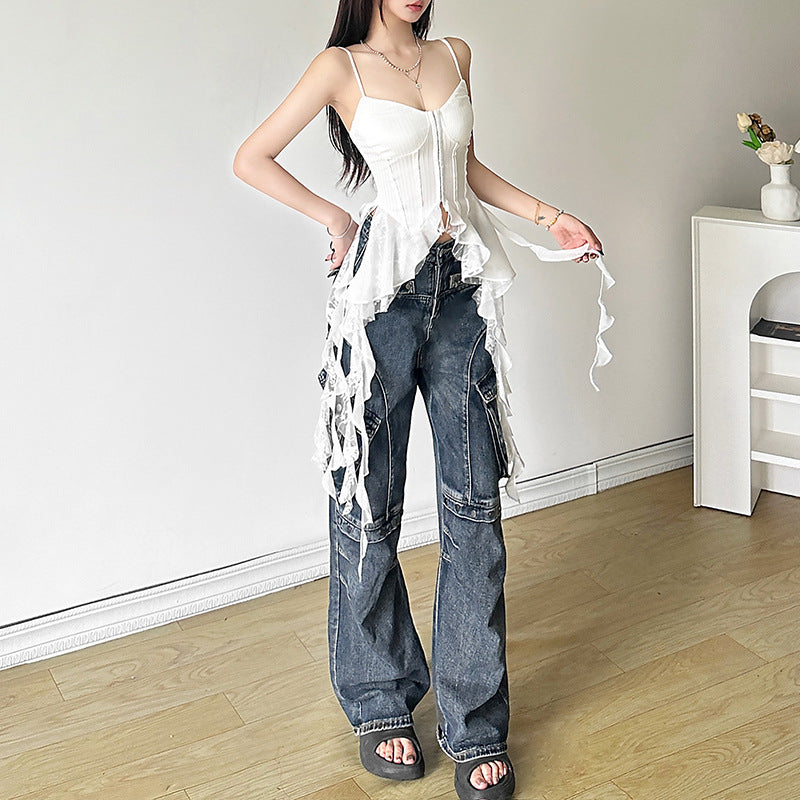 Women's Summer French Strap Dress Irregular Ruffled Tops