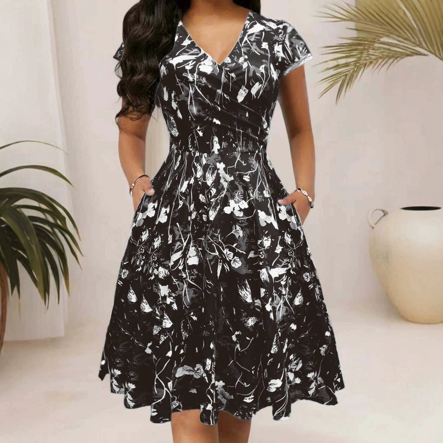 Women's Summer Pocket Sleeve Popular Floral Print Long Dress