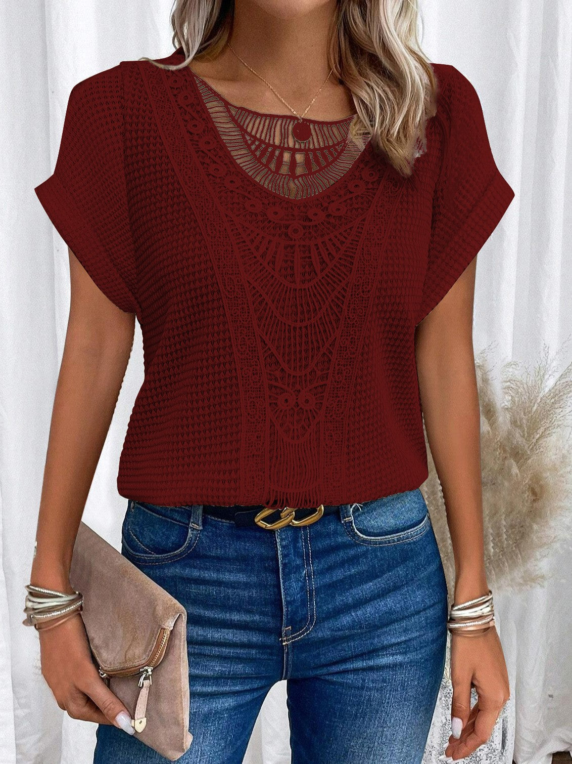 Pretty Fashion Women's Lace Patchwork Short-sleeved Women's T-shirt