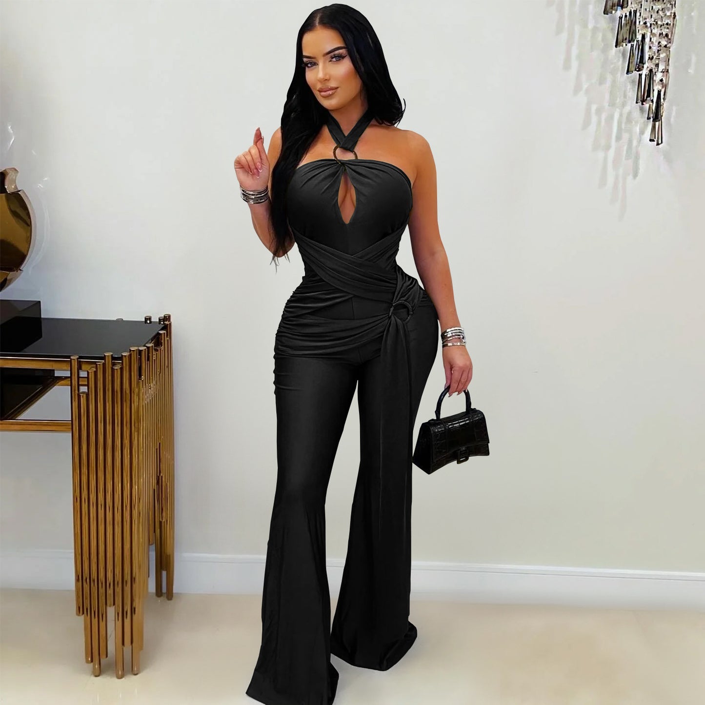 Women's Fashion Wear Solid Color Elegant Halter Wide Jumpsuits