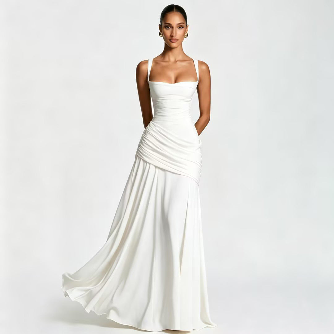 Women's Sexy Solid Color Pleated Low-cut Backless Dress