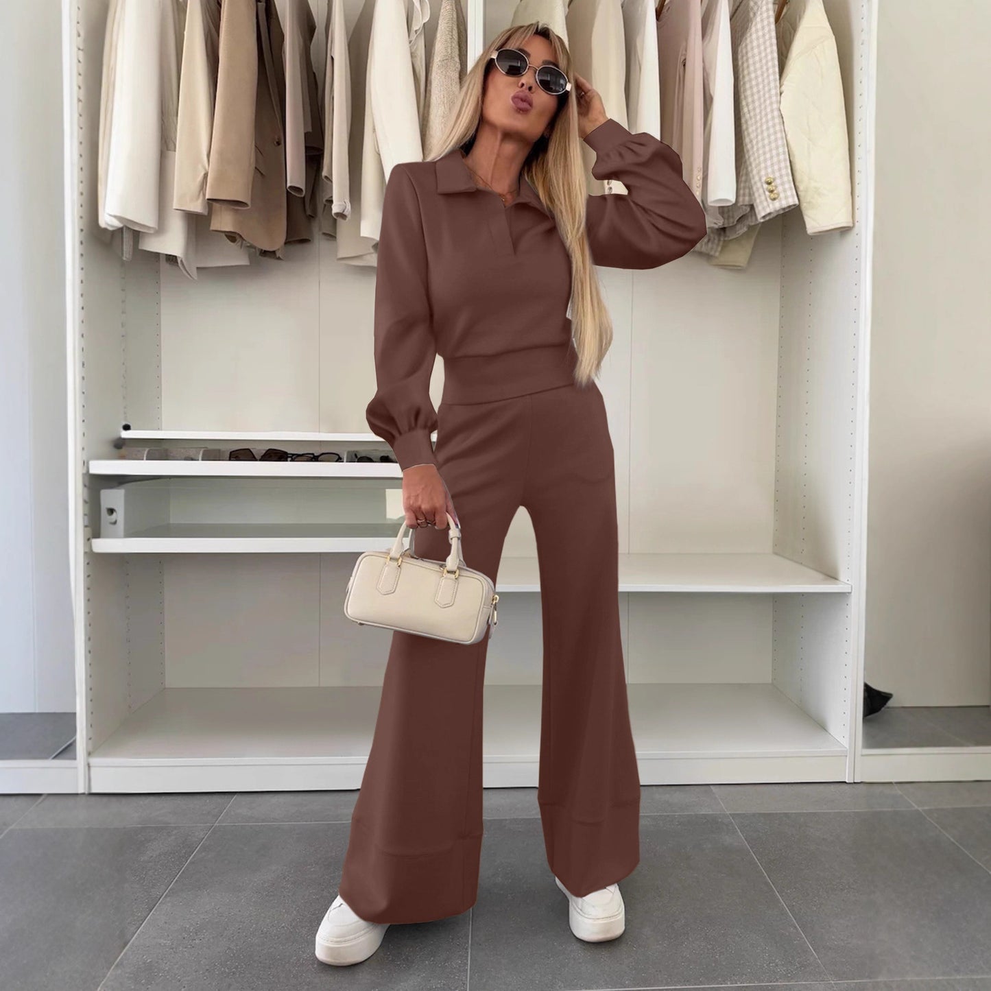 Women's Long Sleeve Elastic Wide Leg Two-piece Set Solid Color Polo Pants