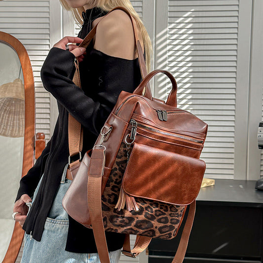 Women's Winter Vintage Leopard Print Fashion Large Backpacks