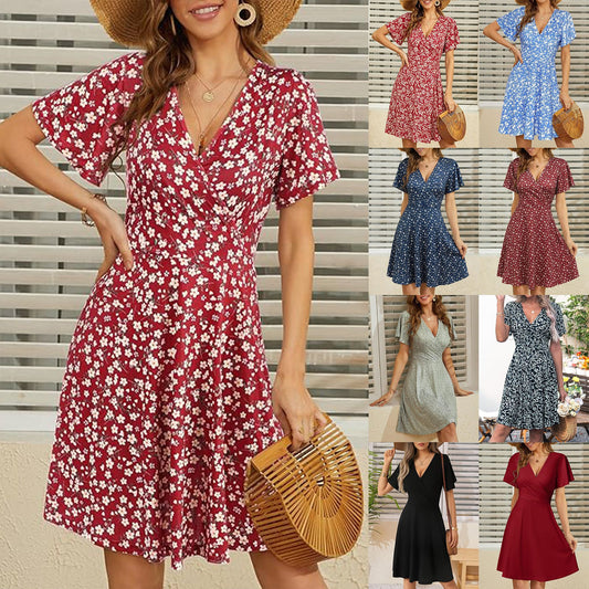 Women's Summer Floral Sleeve Wrap Collar Dress