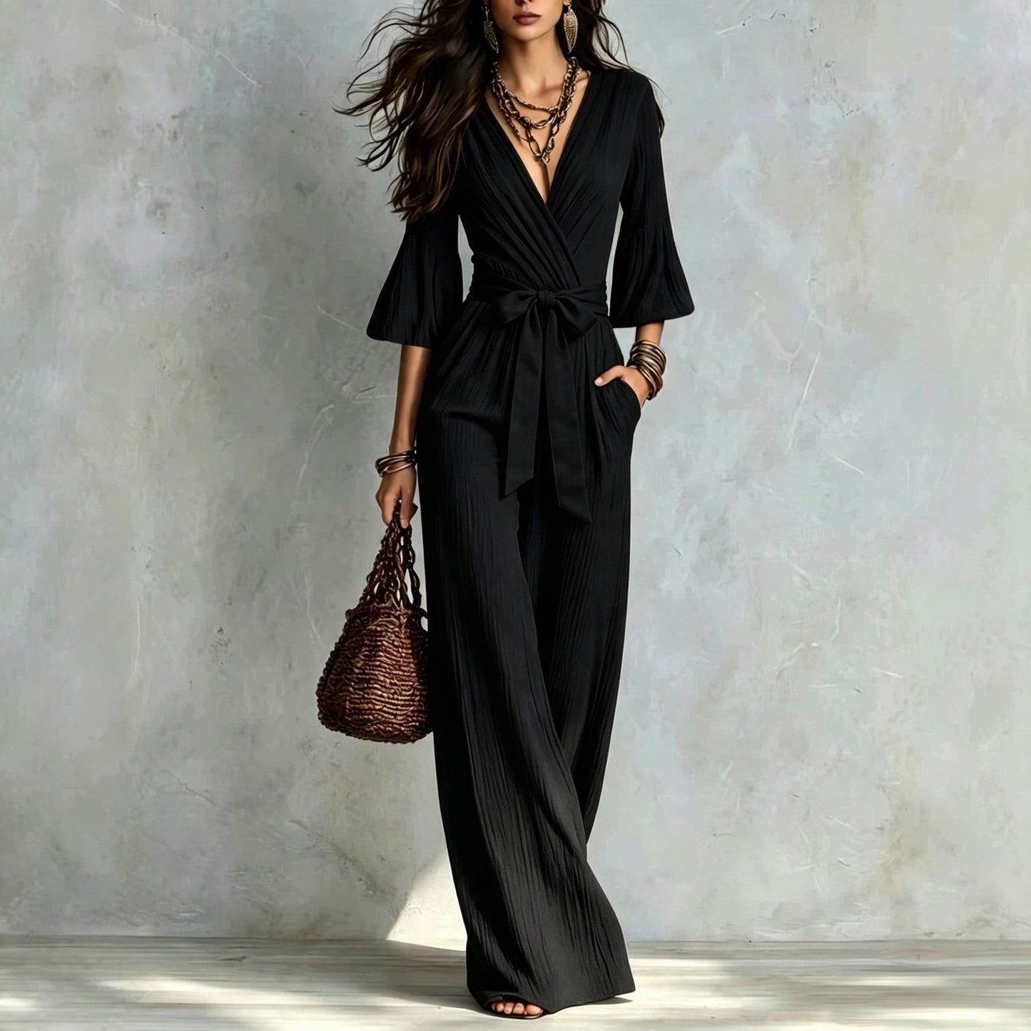 Deep V Puff Sleeve One-piece Female Belt Jumpsuits