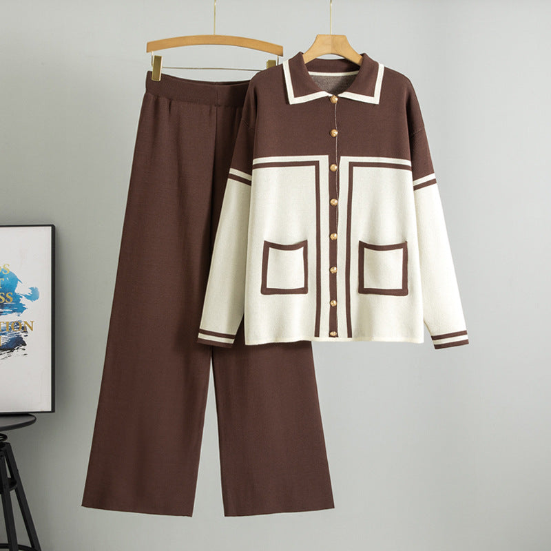 Women's Lapel Contrast Color Set Loose Knitted Fashion Casual Suit