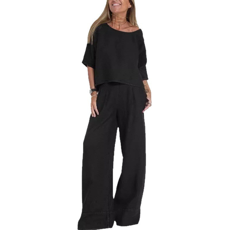 Women's Summer Solid Color Cotton Linen Sleeve Loose Wide Fashion Casual Suit