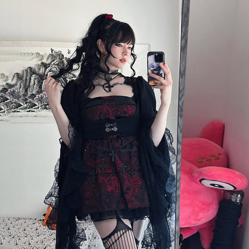 Women's Dark Goth Style Irregular Waistcoat Lace Blouses