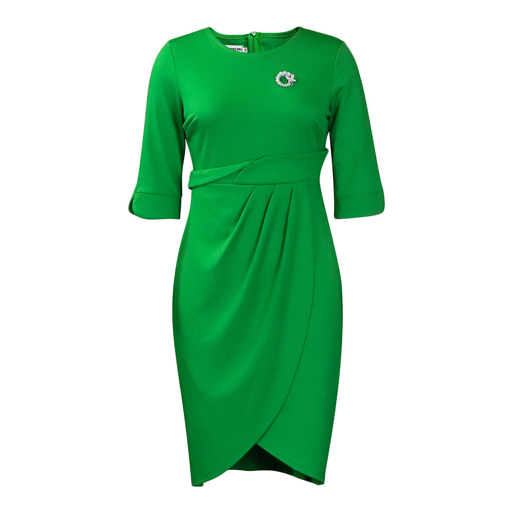 Women's Large Summer Elegant Pleated With Brooch Dress