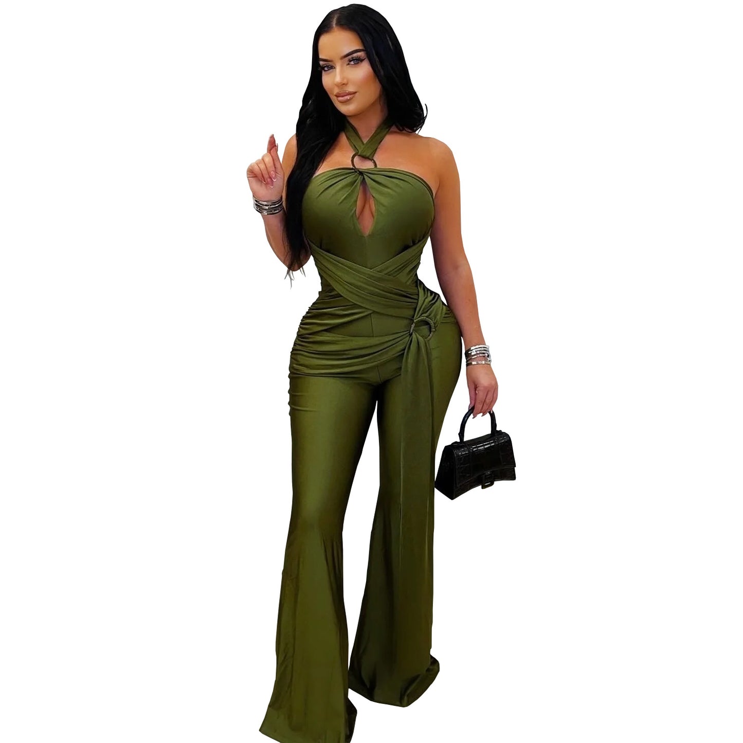 Women's Fashion Wear Solid Color Elegant Halter Wide Jumpsuits