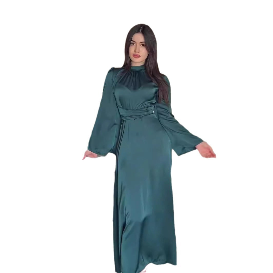 Spring Solid Color Satin Princess Style Waist Dresses