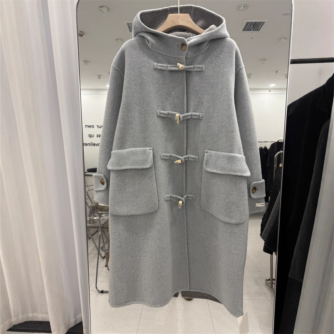 Women's Button Double-sided Wool Overcoat Loose Hooded Alpaca Coats