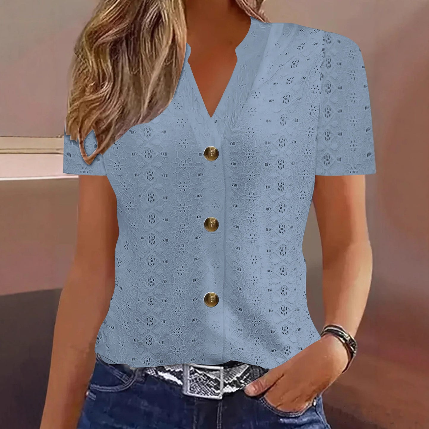 Women's Clothes Fashion Casual Solid Color Buttons Women's T-shirt