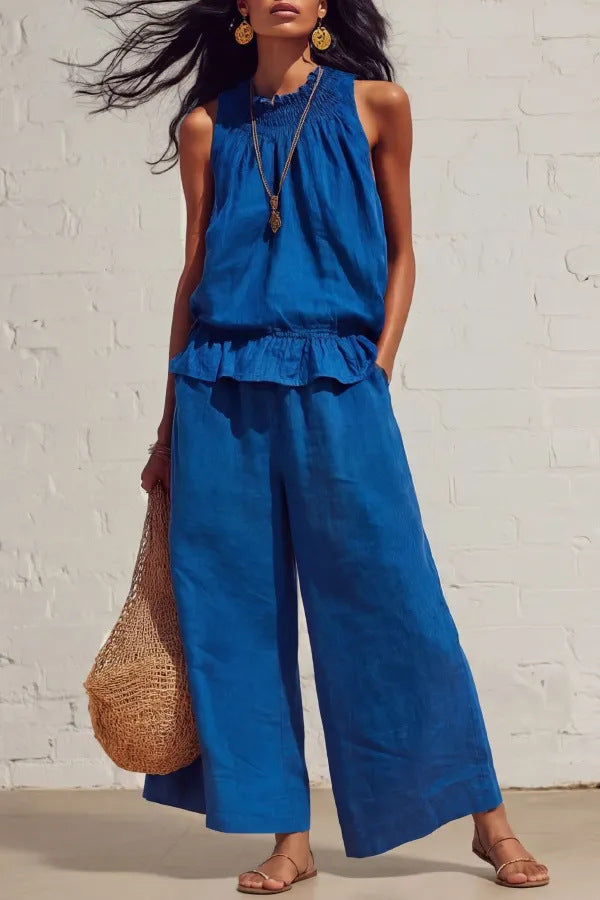 Sleeveless Cool Elastic Waist Design Wide Tops