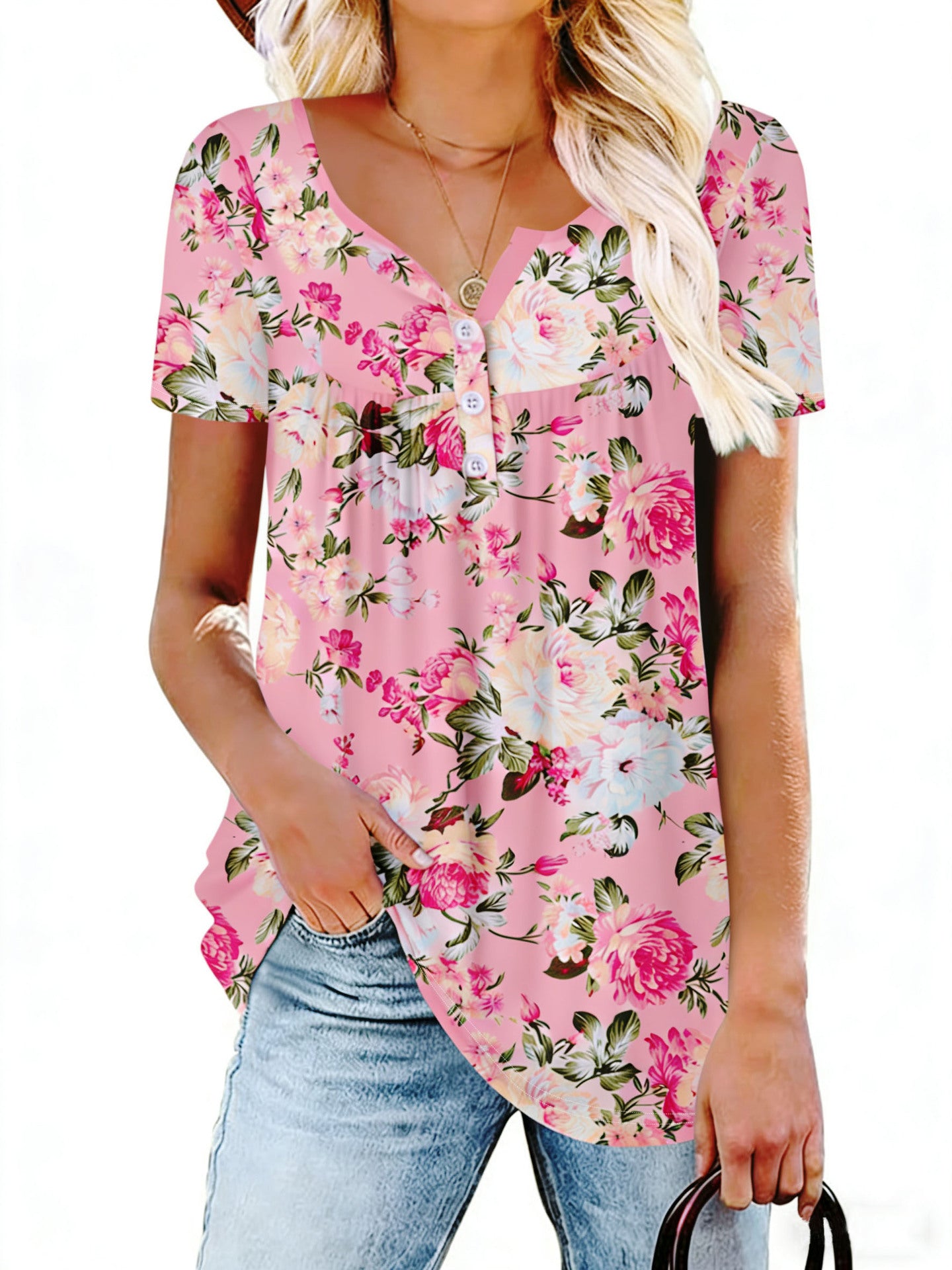 Women's Summer Fashion Button Flower Printed Short-sleeved Tops