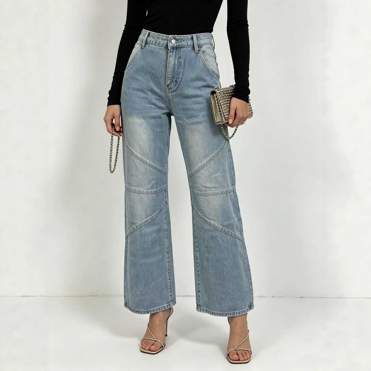 Women's Fashionable Pleated Washed High Street Straight Jeans