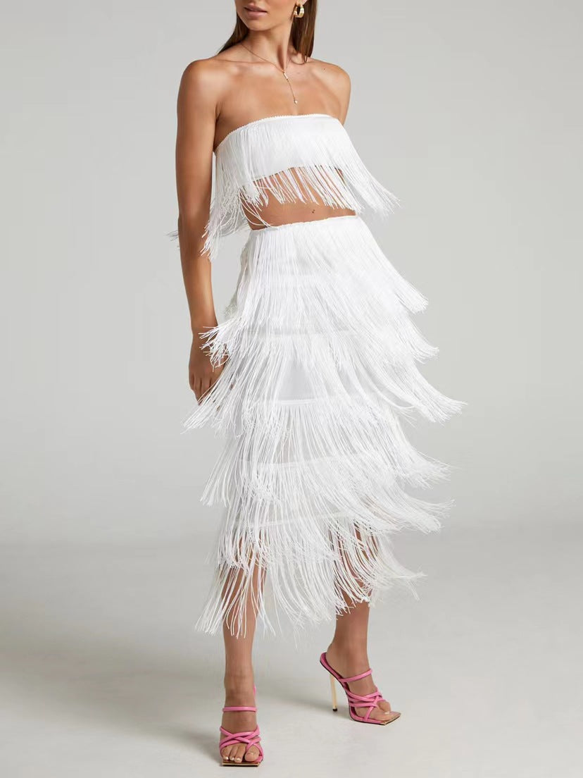 Durable Two-piece Tube Tassel Maxi Dress Suits