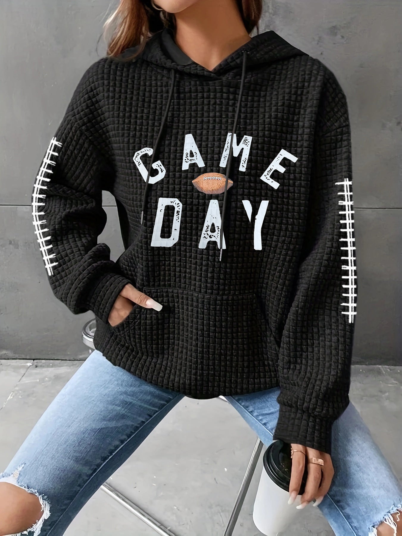 Women's Waffle Match Day Letter Print Round Women's Sweater, Sweater
