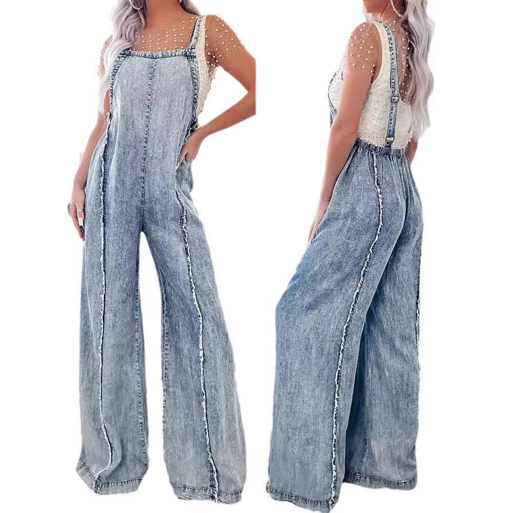Women's Overalls Retro Washed Raw Hem Wide Jumpsuits
