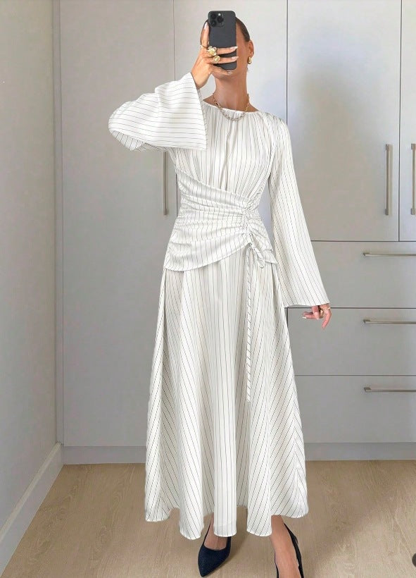 Vertical Stripes Long Sleeve Round Neck Pleated Nipped Waist Slimming Dress