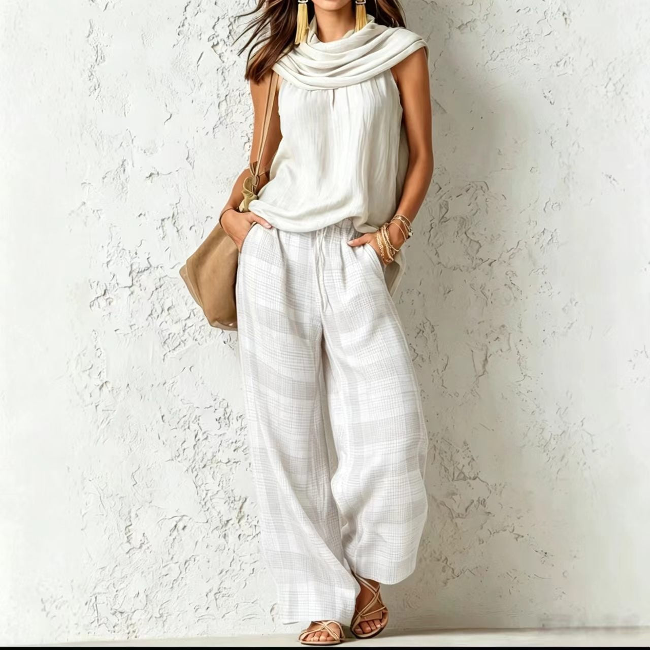 Beautiful Women's Retro Style Sleeveless Plaid Fashion Casual Suit
