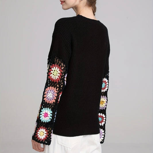 Women's Hollow Mixed Color Crocheted Round Neck Sweaters