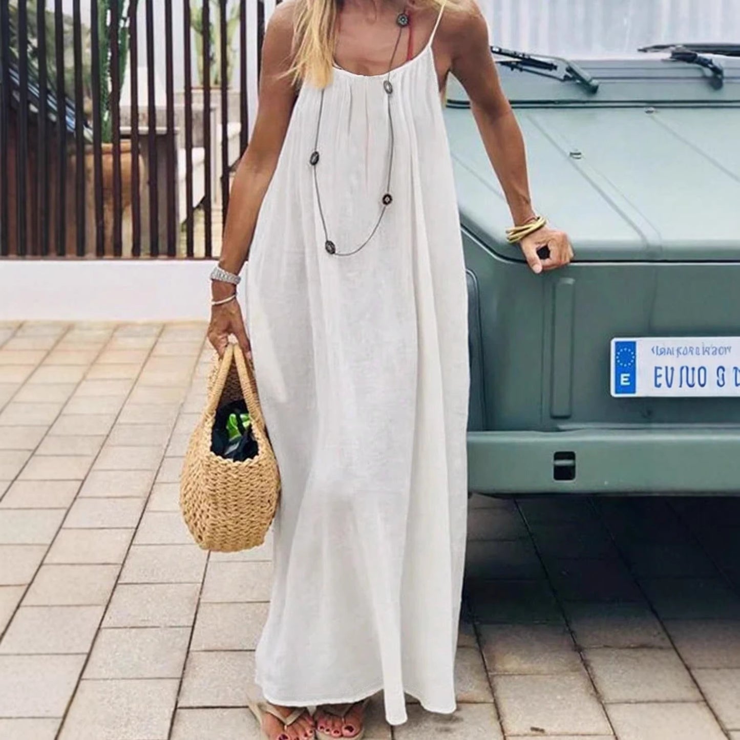 Women's Silk Wrinkle Solid Color Pleating Backless Strap Beach Dress