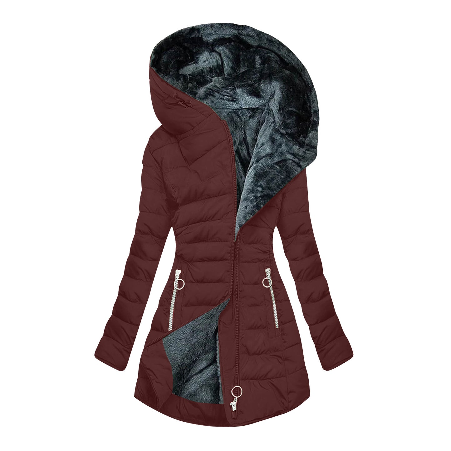 Women's Plush Hooded Mid-length Oblique Zipper Coats