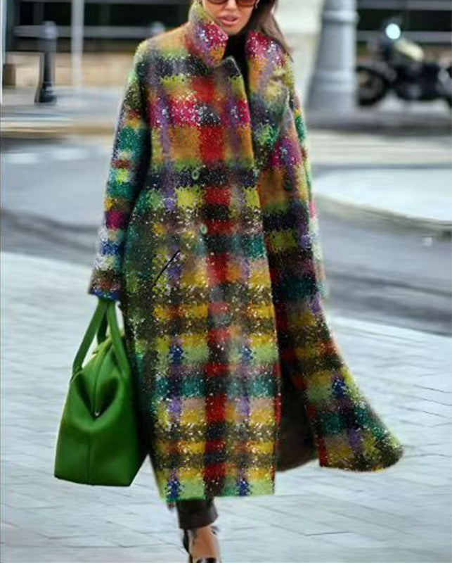 Women's Autumn Color Matching Plaid Long Sleeve Coats