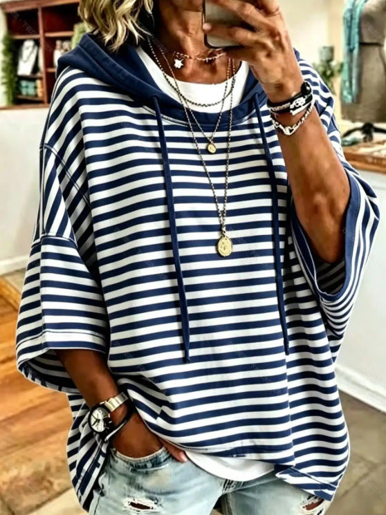 Women's Loose Casual Striped Hooded Sleeve Sweatshirt Women's Sweater, Sweater