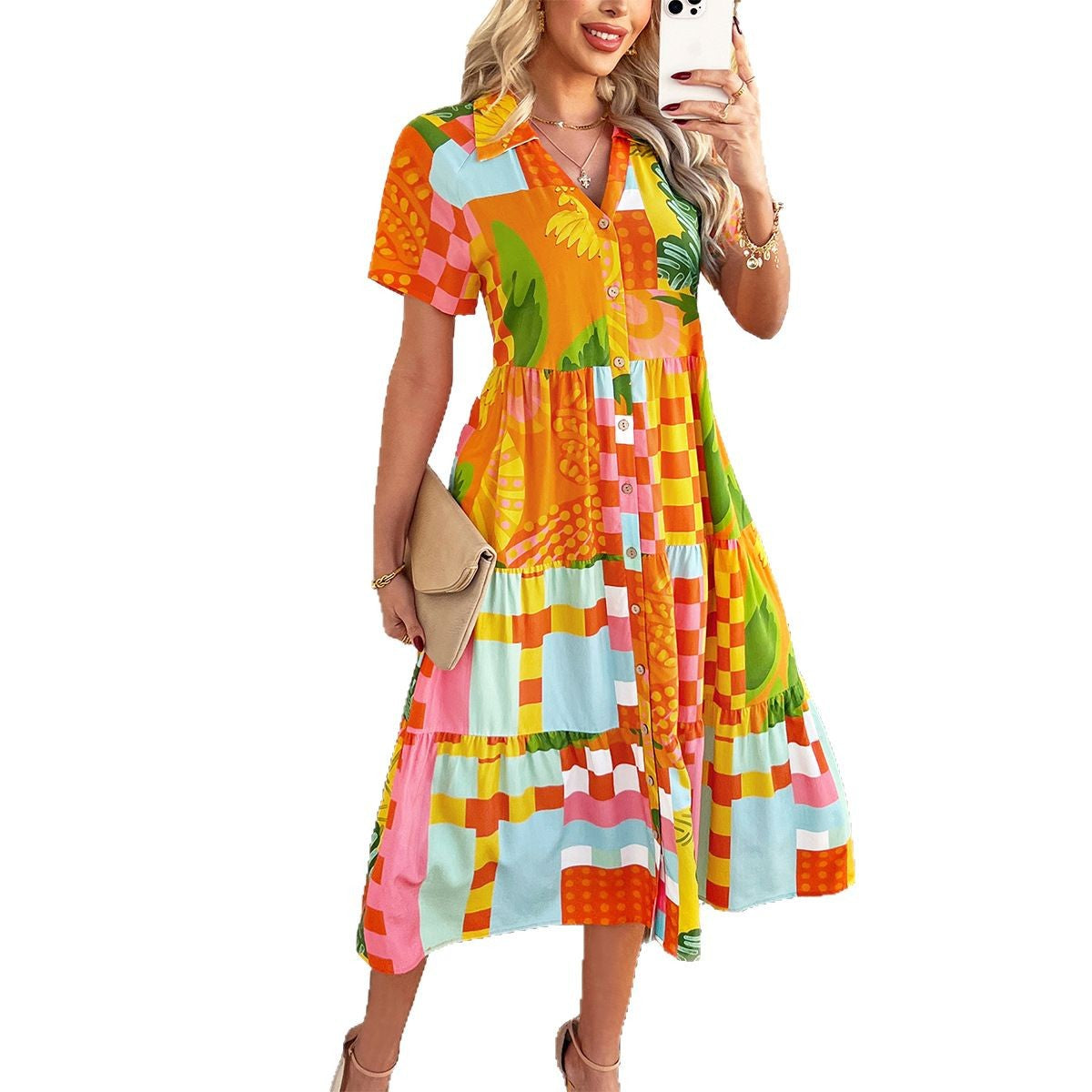 Women's Bohemian Holiday High Waist Geometric Contrast Dresses