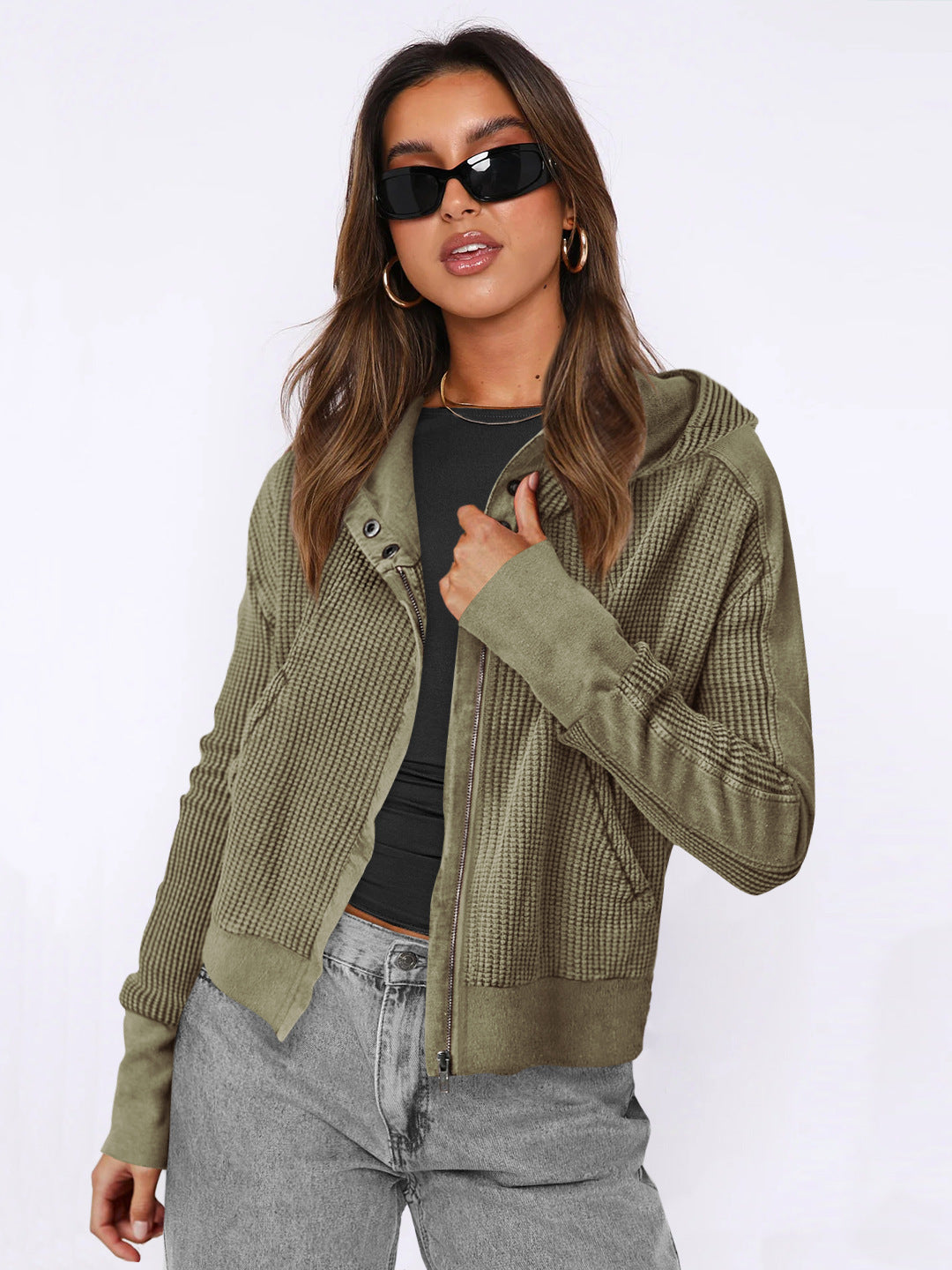 Women's Patchwork Hoodie Idle Style Zipper Hooded Sweaters