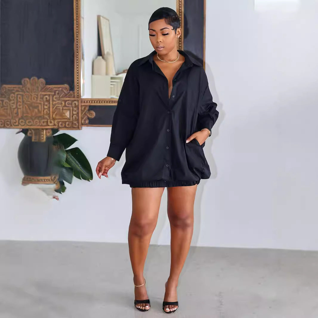 Women's Autumn Solid Color Buttons Loose Shirt Dresses